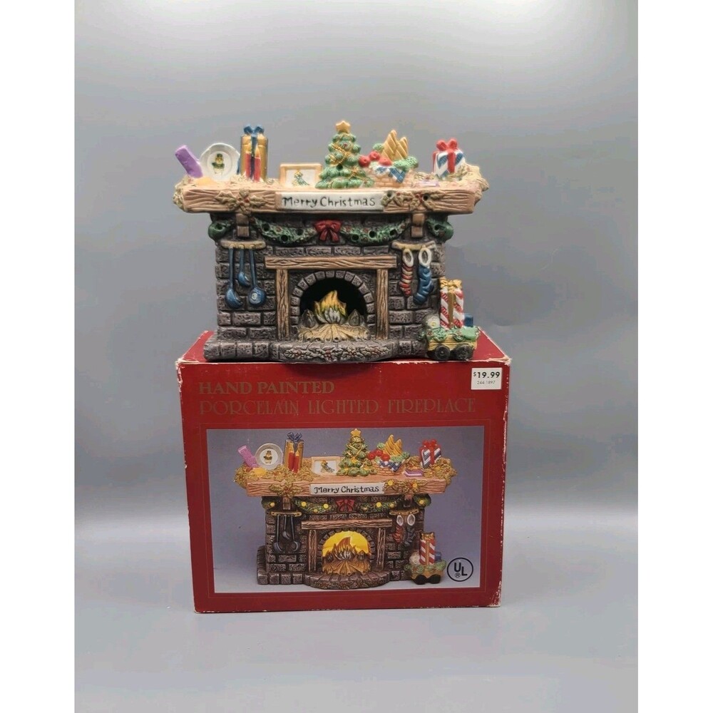 1993 Hand Painted Christmas Porcelain Lighted Fireplace Home Decor No Light